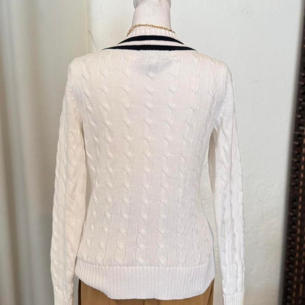 Ralph Lauren White Cable Knit Sweater Women's V Neck Striped Collar Top - Picture 7 of 8